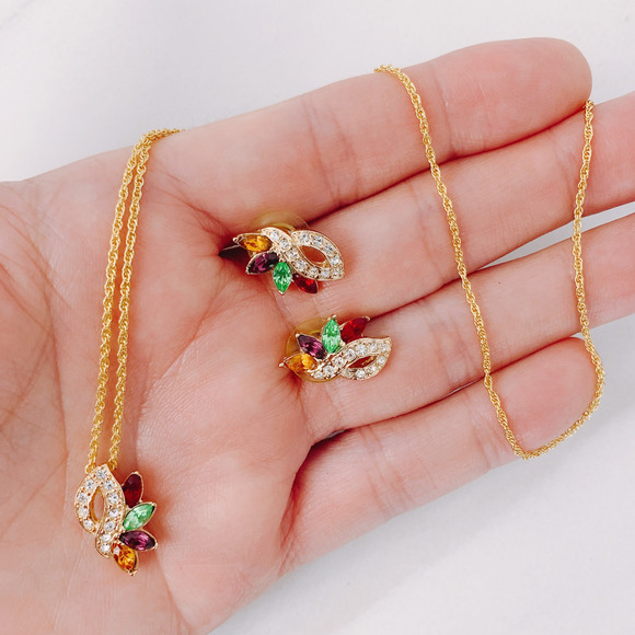 VTG Uranium Glass Signed RAMAN Necklace Earrings Set, Mid Century, Rhinestones - Picture 5 of 16